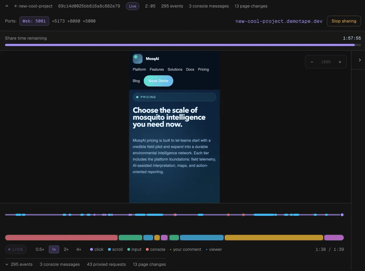 DemoTape replay viewer showing a recorded session with comments and playback controls.