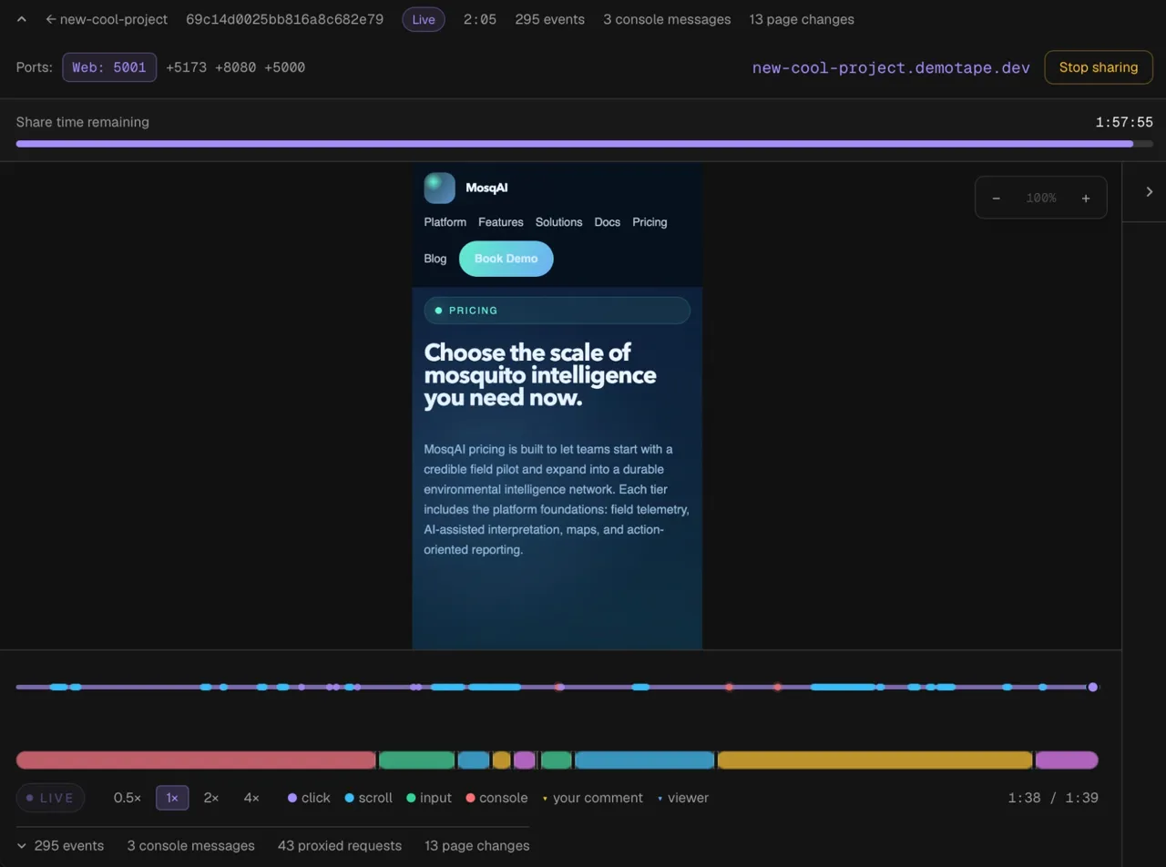 DemoTape viewer showing a replay with session timeline and debugging context.